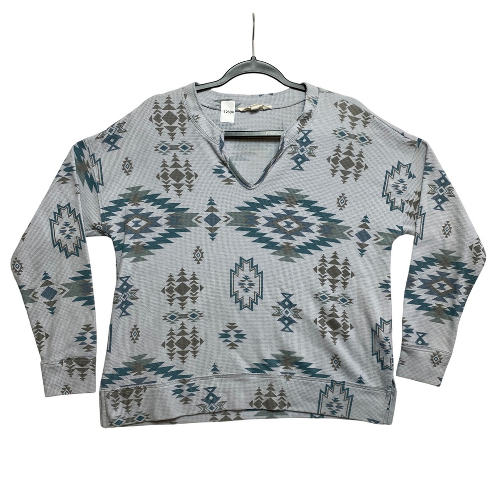 Lucky Brand Thermal Top Womens S Gray Southwestern Waffle Knit Notch Neck